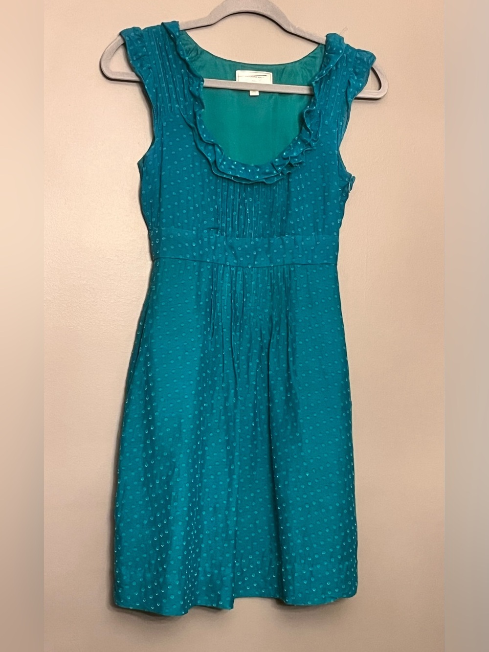 Anthropolgie Moulinette Soeurs Teal Sleeveless Ruffle-Detailed Dot Dress